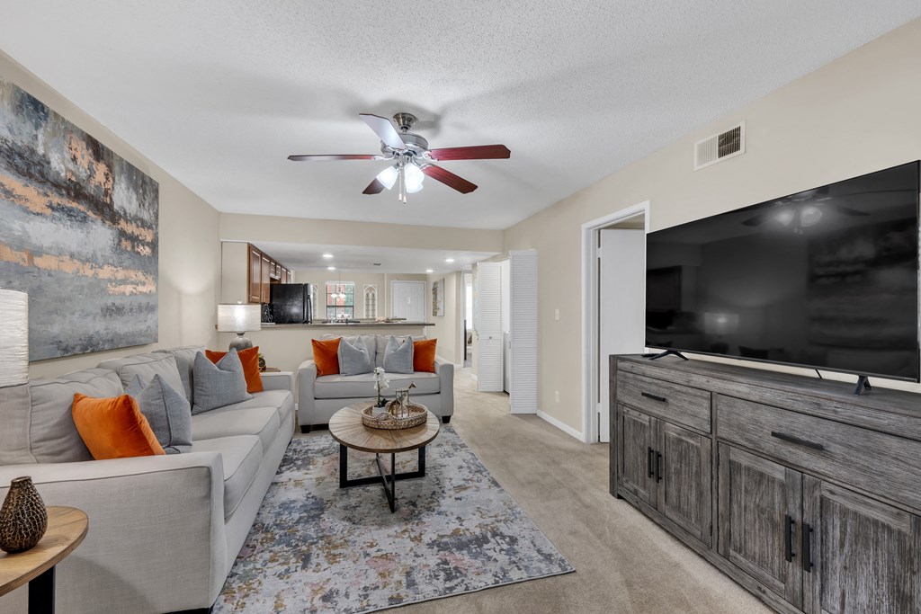 a living room with couches and a tv